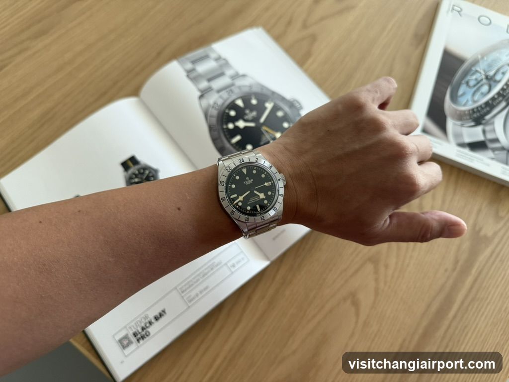 Watch on wrist with catalog pages in background