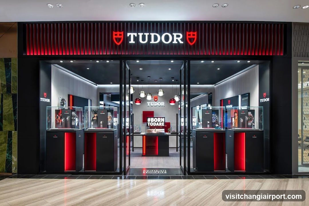 A modern Tudor watch store with a black and red facade, featuring illuminated signage and glass display cases showcasing watches inside.