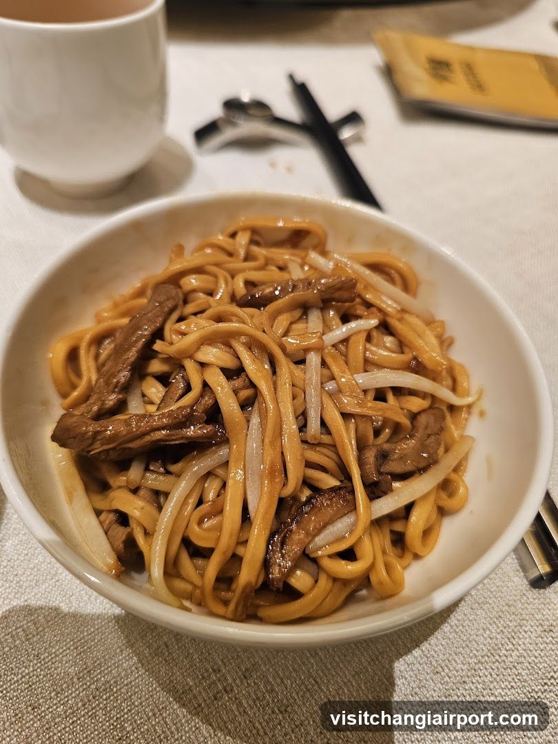 Bowl of Stir-fried Noodles with Beef and Onions