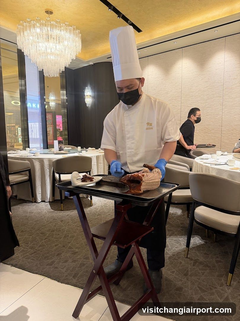Chef Serving Roasted Duck in Elegant Dining Room