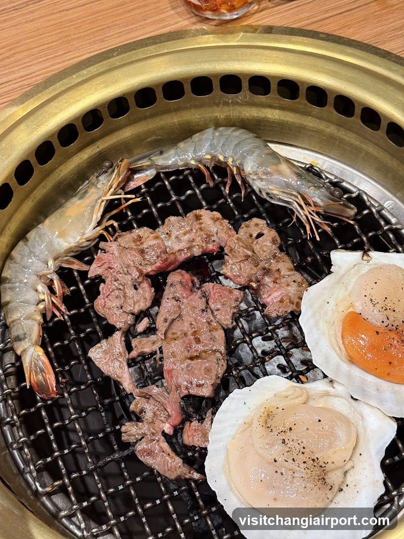 Grilled Seafood and Meat on Hot Pot Grill