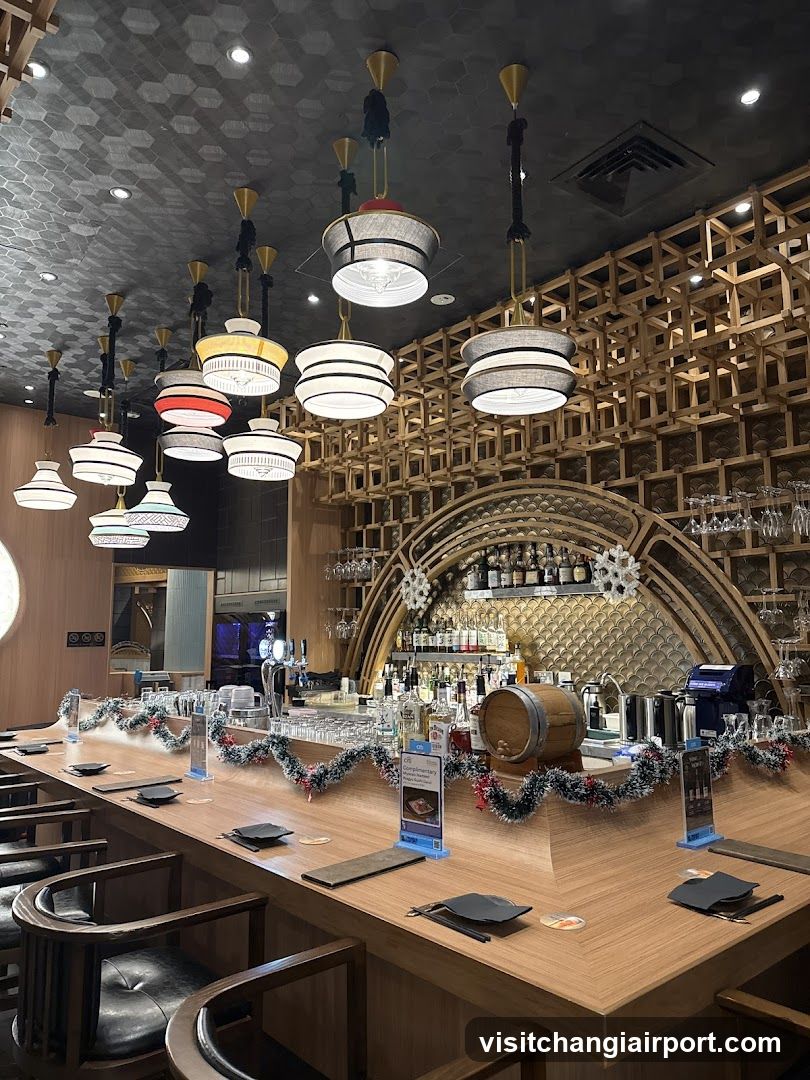 Bar Interior with Decorative Lighting and Wooden Bar Counter