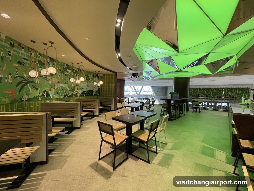 Interior of a modern café or restaurant with green theme