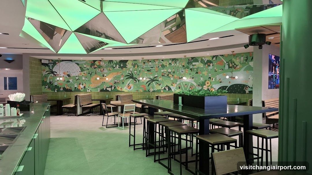 Interior of a modern dining space with vibrant mural