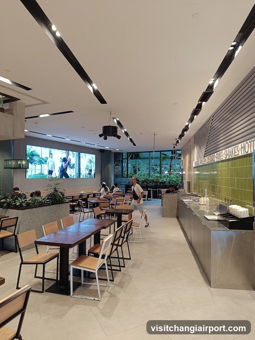 Modern Cafe Interior with Digital Screen and Green Tiled Wall