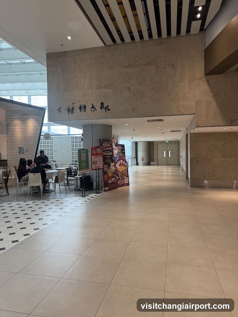 Interior of a modern building with seating area and signage
