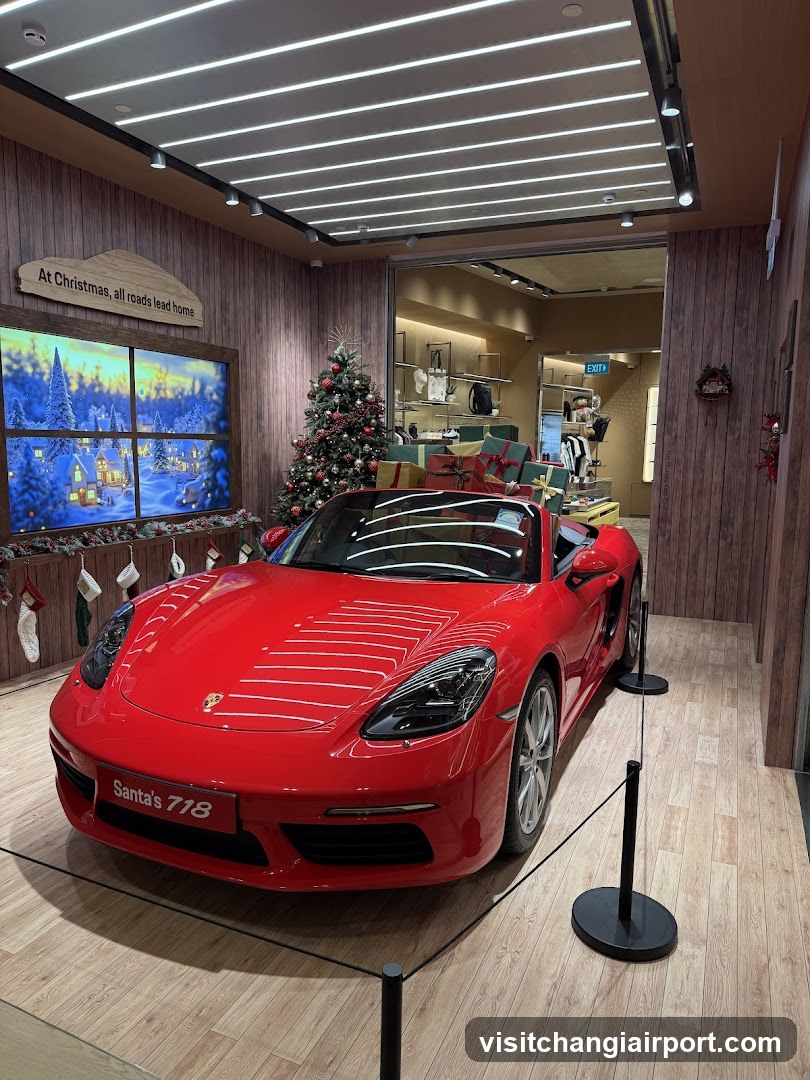 Red Porsche 718 in Christmas Decorated Store Interior