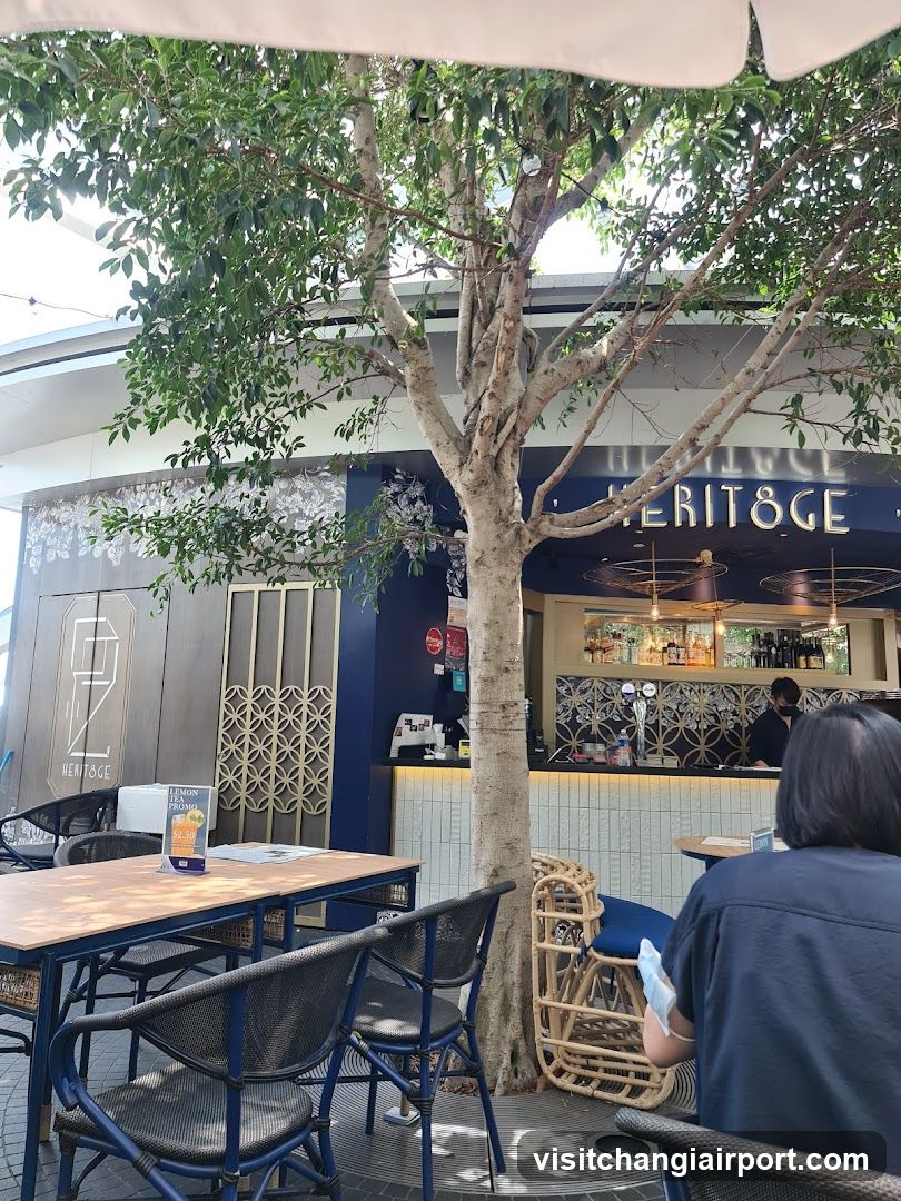 Outdoor Cafe Scene with Tree and Bar Counter