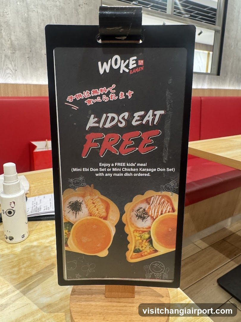 Kids Eat Free Signage at Woke Ramen