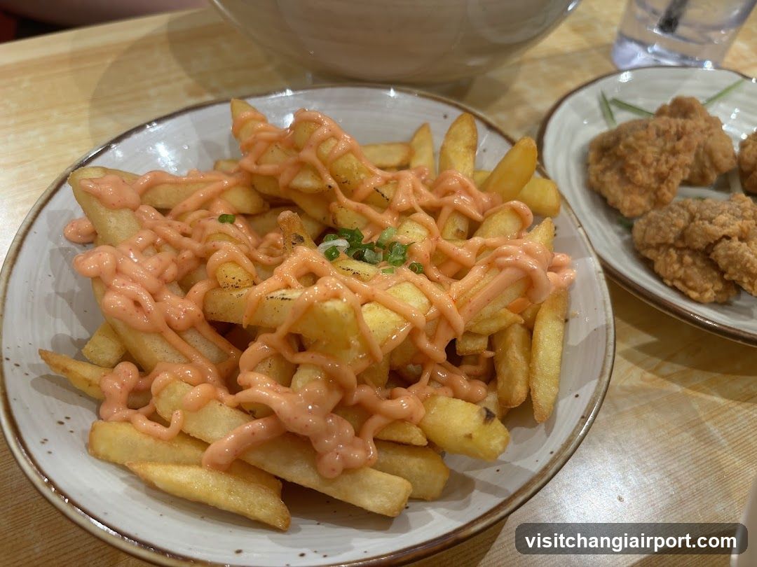 Fries with Sauce and Fried Chicken