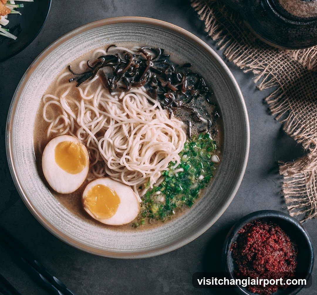 Ramen Bowl with Halved Egg and Green Toppings