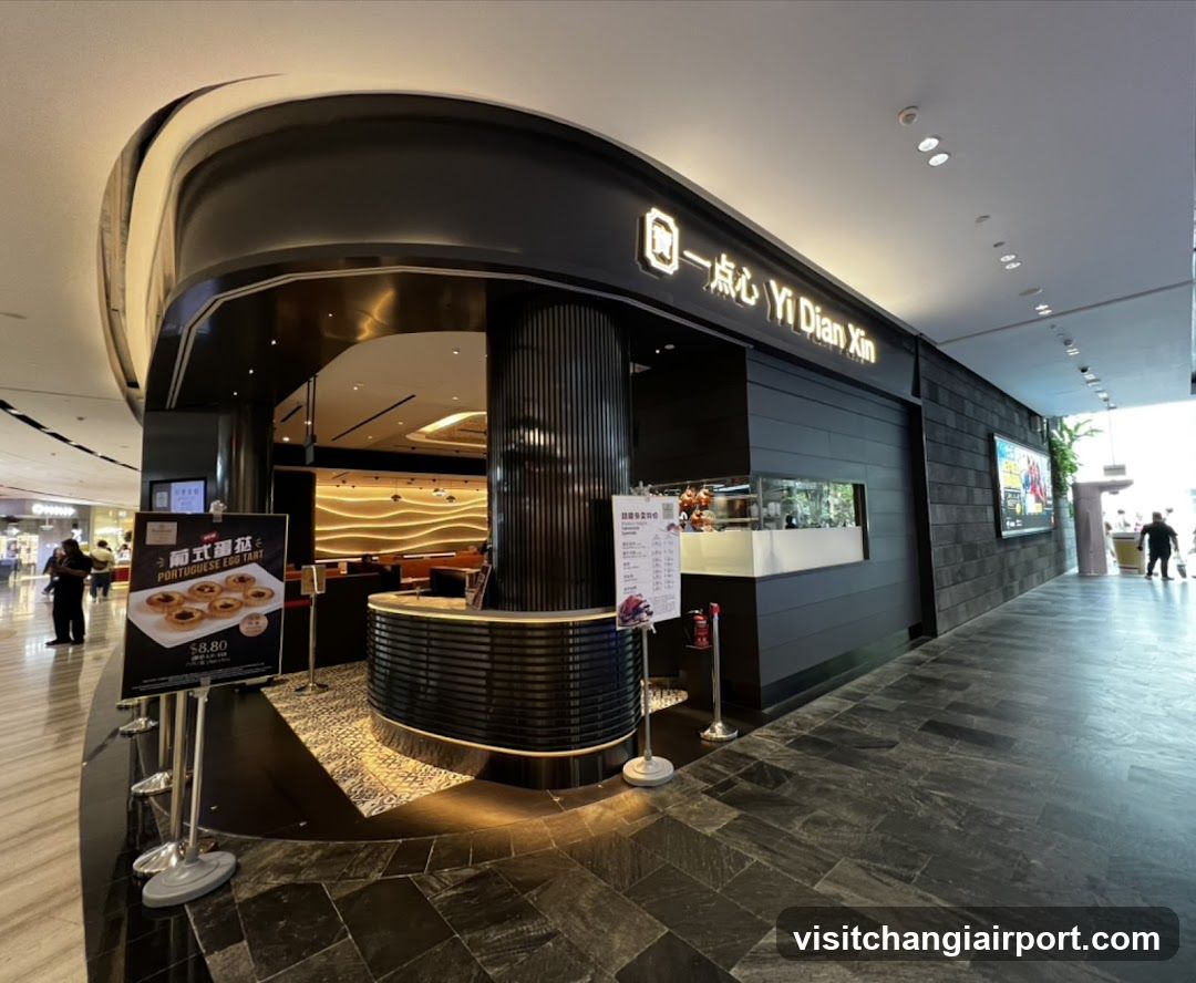 Modern black and gold shop entrance with illuminated signage reading 'Yi Dian Xin' in English and Chinese characters. A curved reception desk is visible inside, flanked by stanchions holding promotional posters featuring pastries priced at $8.80. The interior shows warm lighting and wooden paneling.