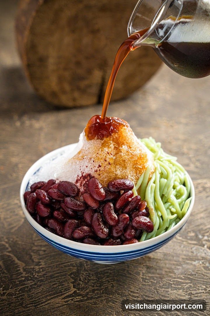 Bowl of shaved ice dessert with syrup being poured