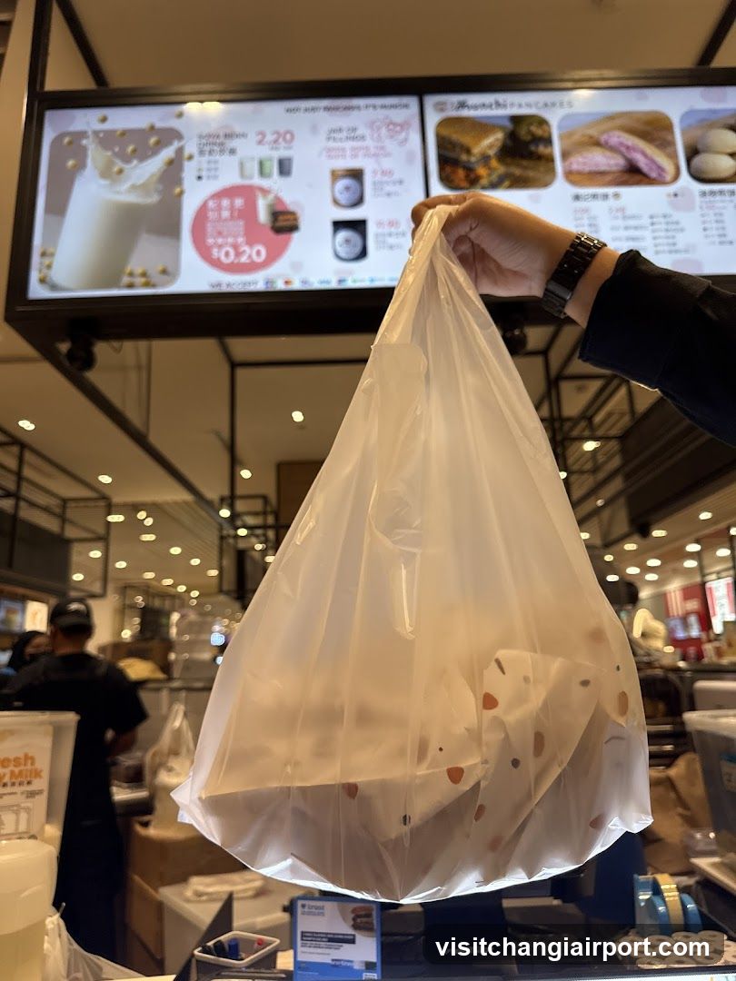 Food item in plastic bag at counter