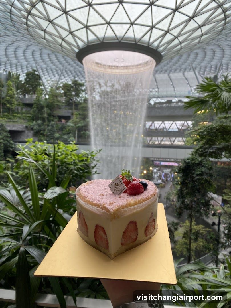 Cake with Heart-Shaped Design in Indoor Waterfall Setting