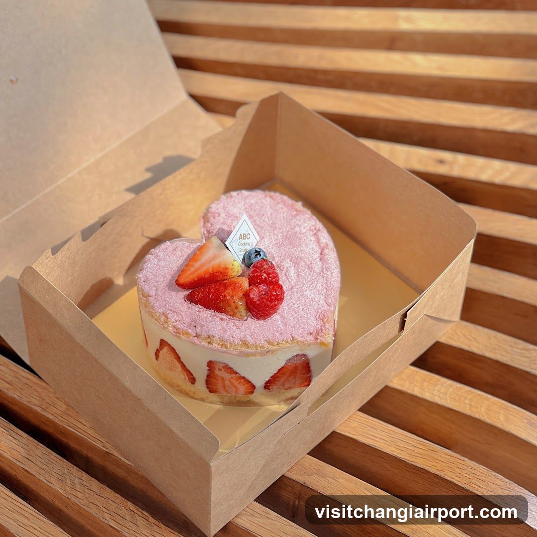 Heart-shaped strawberry cake in box
