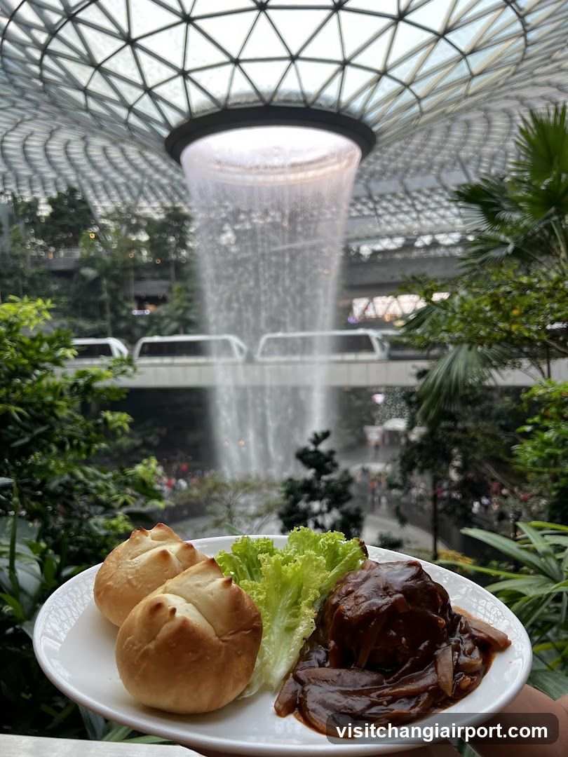 Food with indoor waterfall backdrop