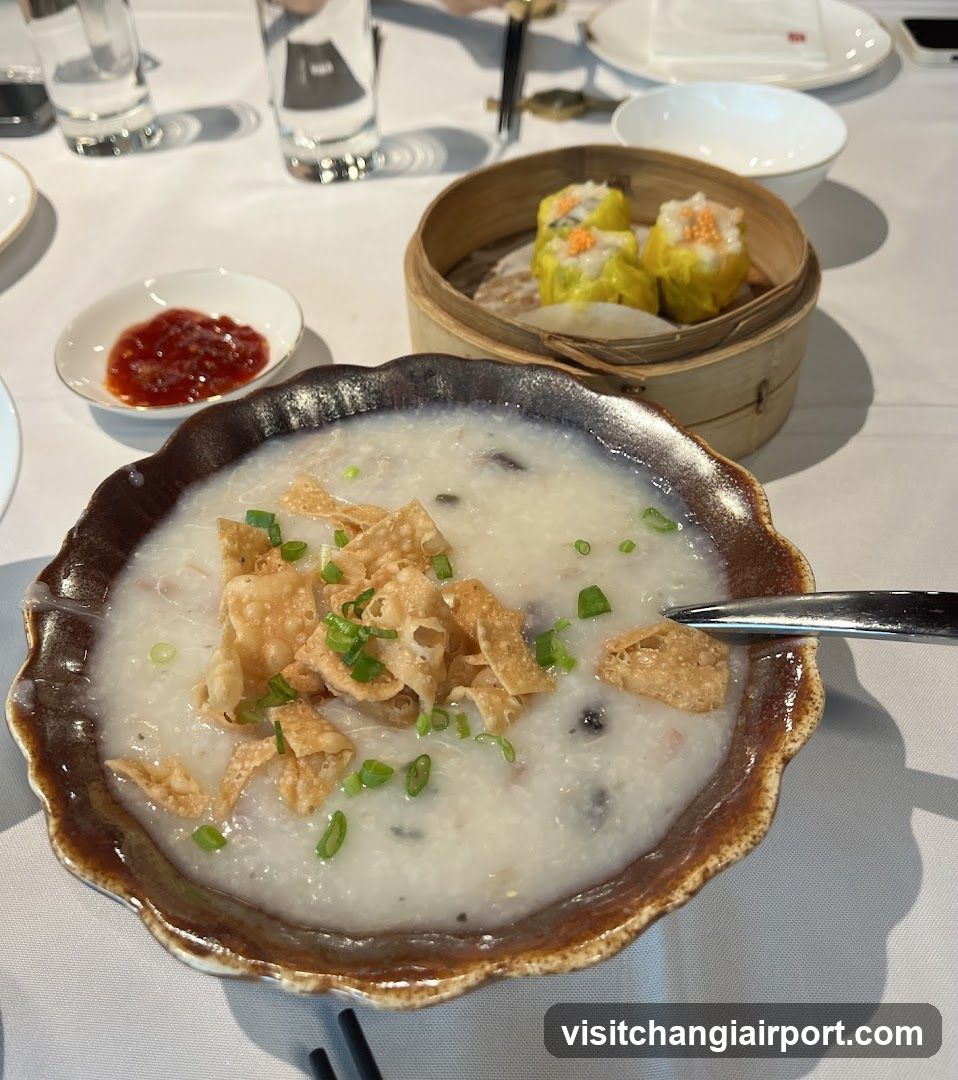 Congee with toppings and dim sum