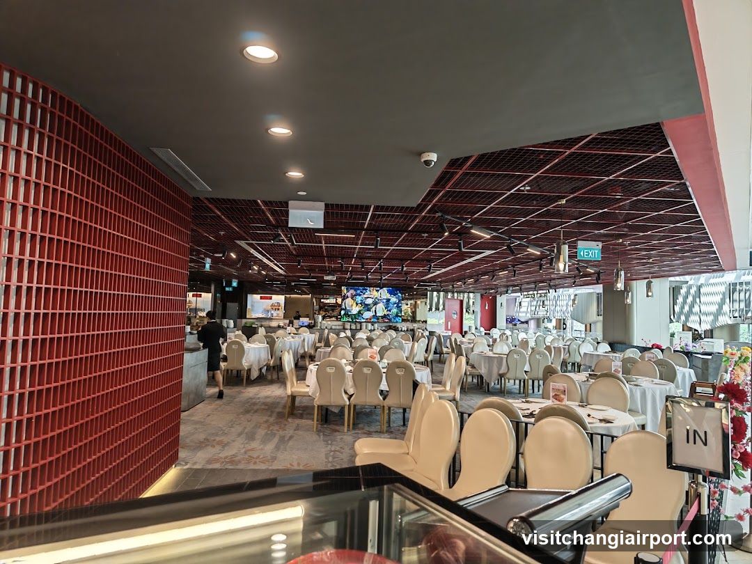 Restaurant Interior with Red Grid Wall and Dining Tables