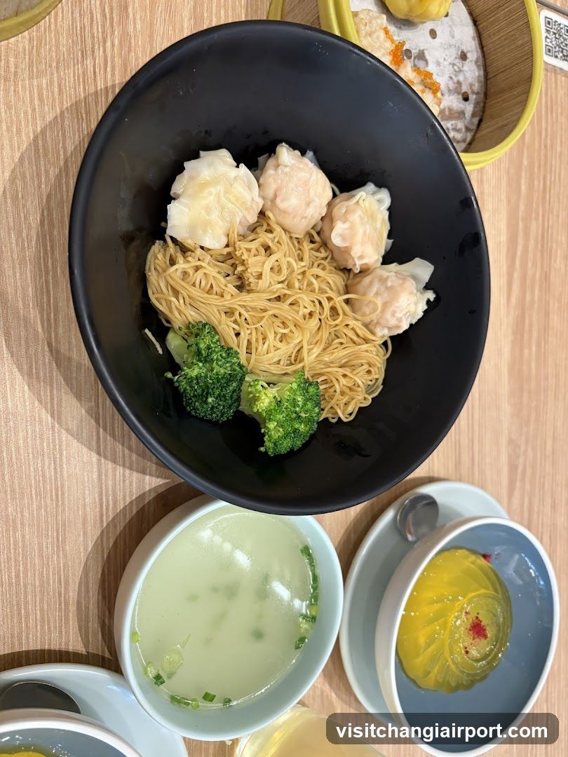 Noodle Bowl with Dumplings and Broccoli