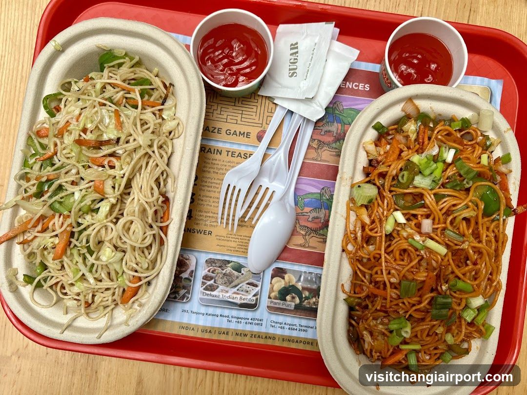 Food Tray with Noodles and Condiments