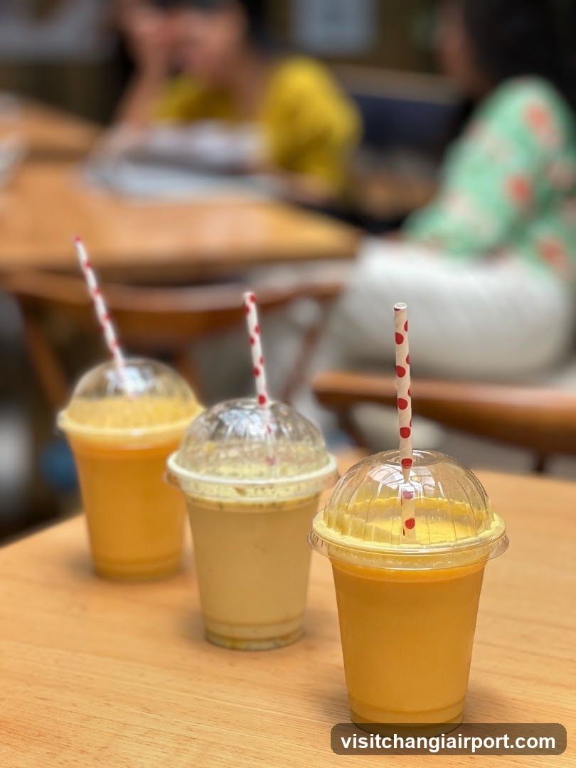 Three iced drinks on a wooden table