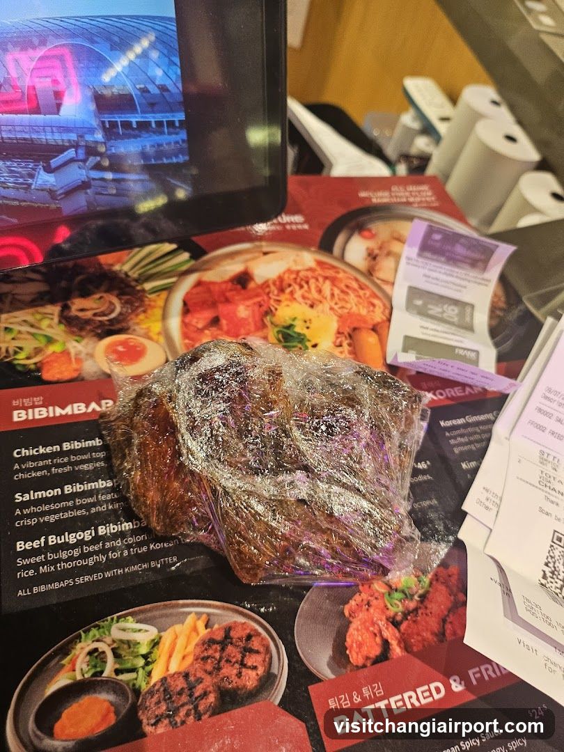 Food items on a table with menu in background