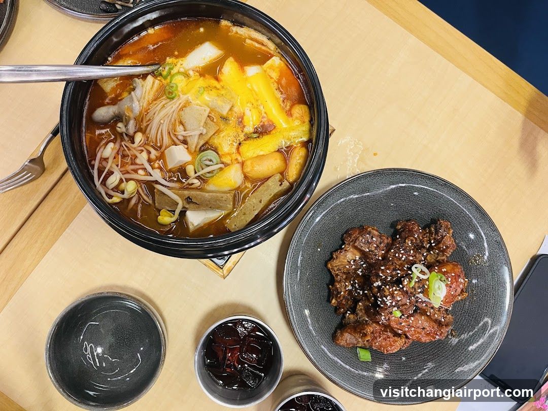 Korean-style meal with stew and fried chicken