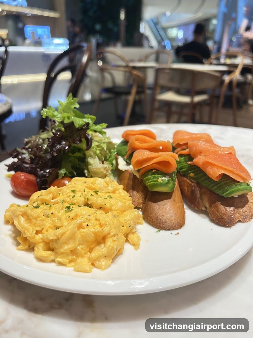 Breakfast Plate with Scrambled Eggs and Smoked Salmon Toast