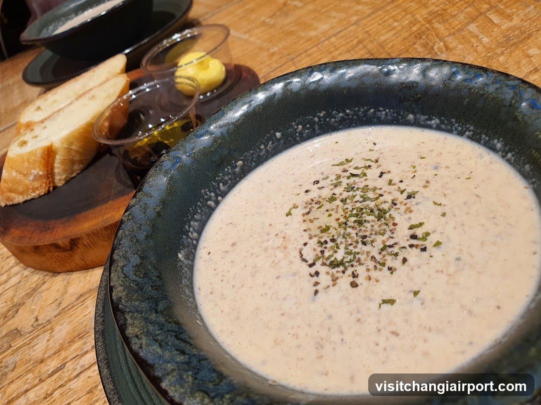 Creamy Soup with Bread and Condiments