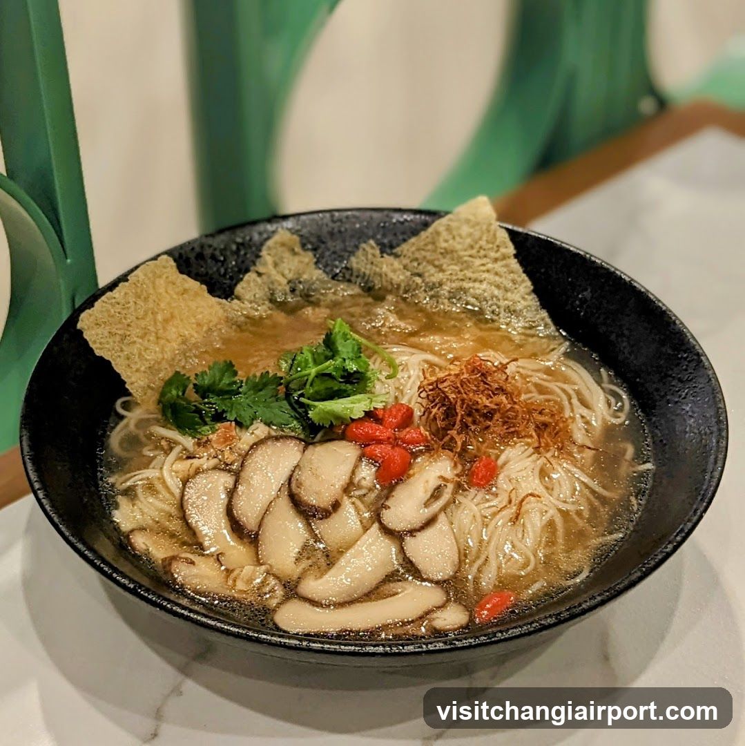 Bowl of Noodle Soup with Tofu Skin and Mushrooms