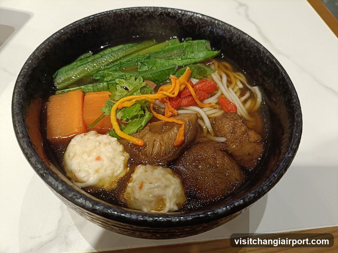 Bowl of Noodle Soup with Meatballs and Vegetables