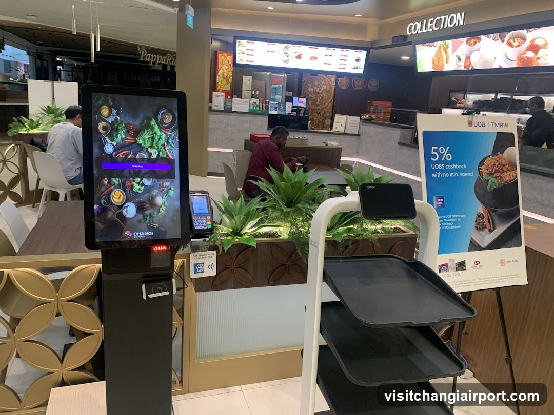 Food Court Interior with Self-Service Kiosk and Cart