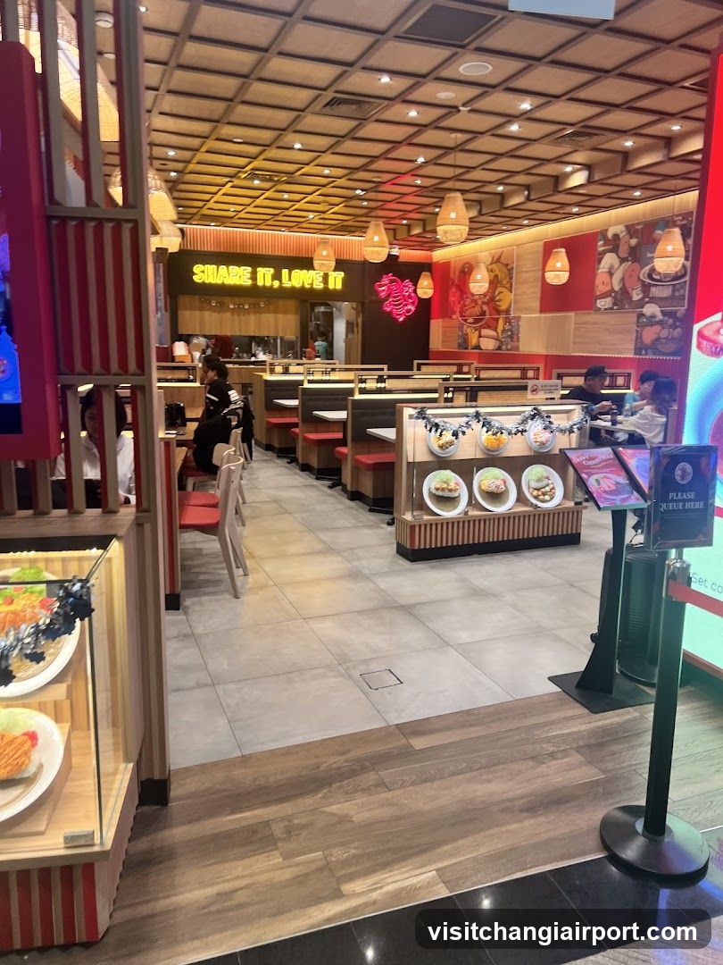Restaurant Interior with Food Display and Seating Area