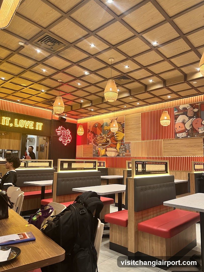 Restaurant Interior with Booth Seating and Decorative Wall Art