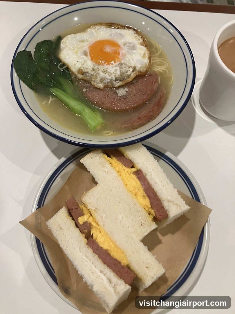 Breakfast Meal with Noodles and Sandwiches