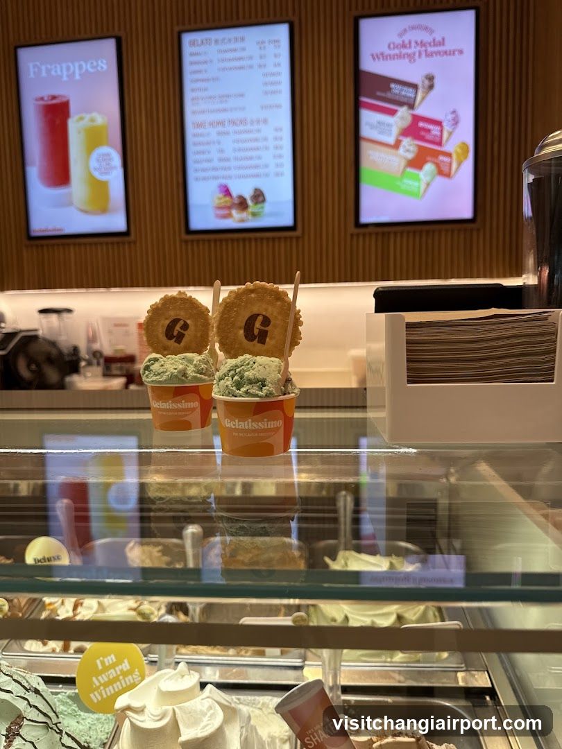 Gelato display with branded cups and menu boards