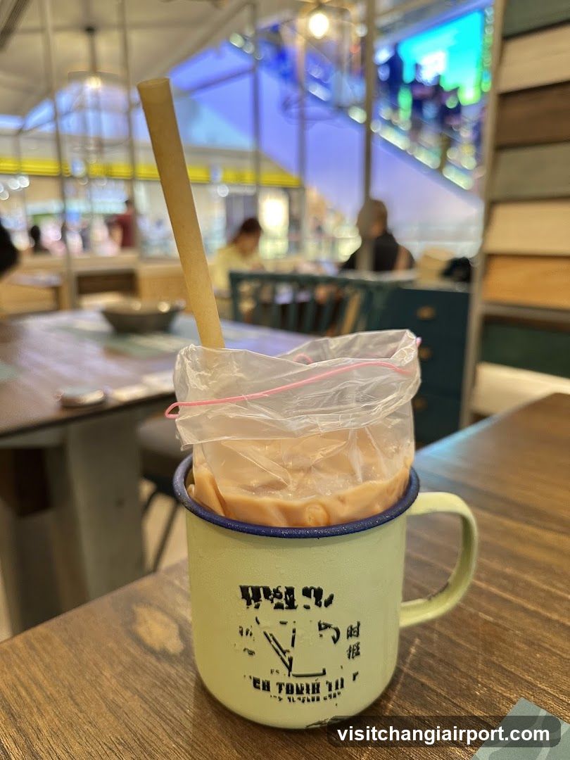 Beverage in enamel mug at cafe