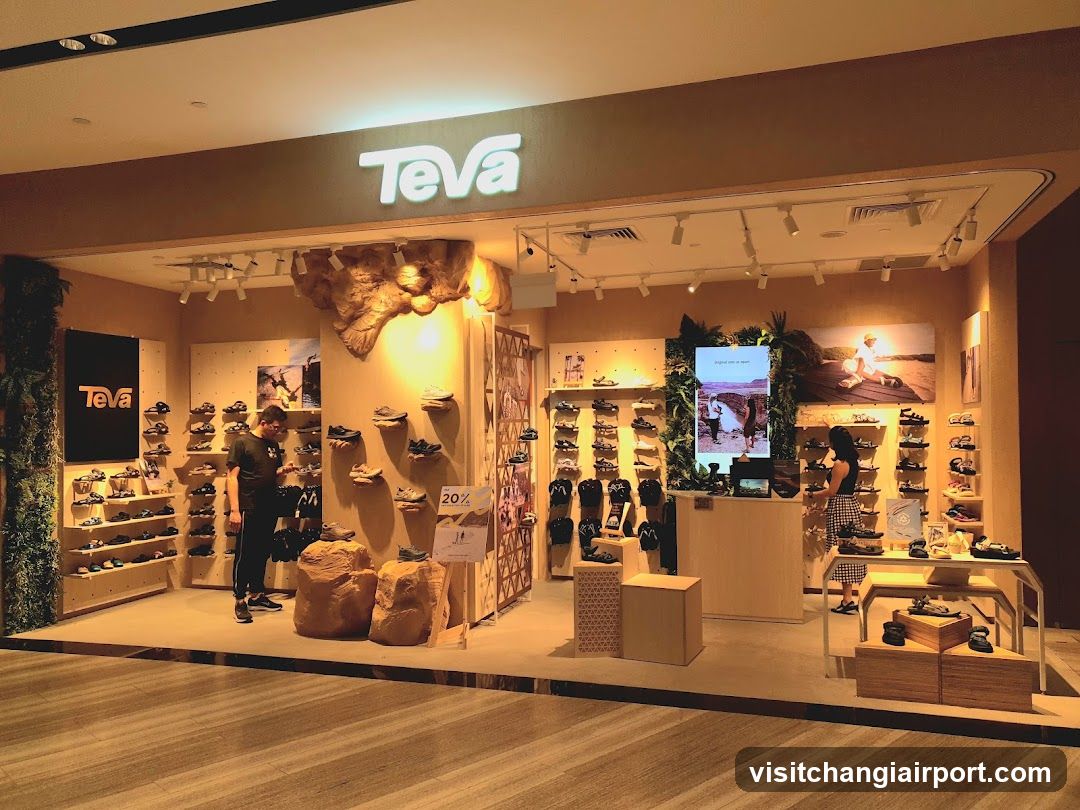 The image shows the storefront of a Teva shoe store, featuring illuminated signage above the entrance. The interior is visible with shelves displaying various shoes and accessories. A person is browsing near the entrance, and there are promotional displays including large bags of sandbags and a digital screen showing outdoor scenes.