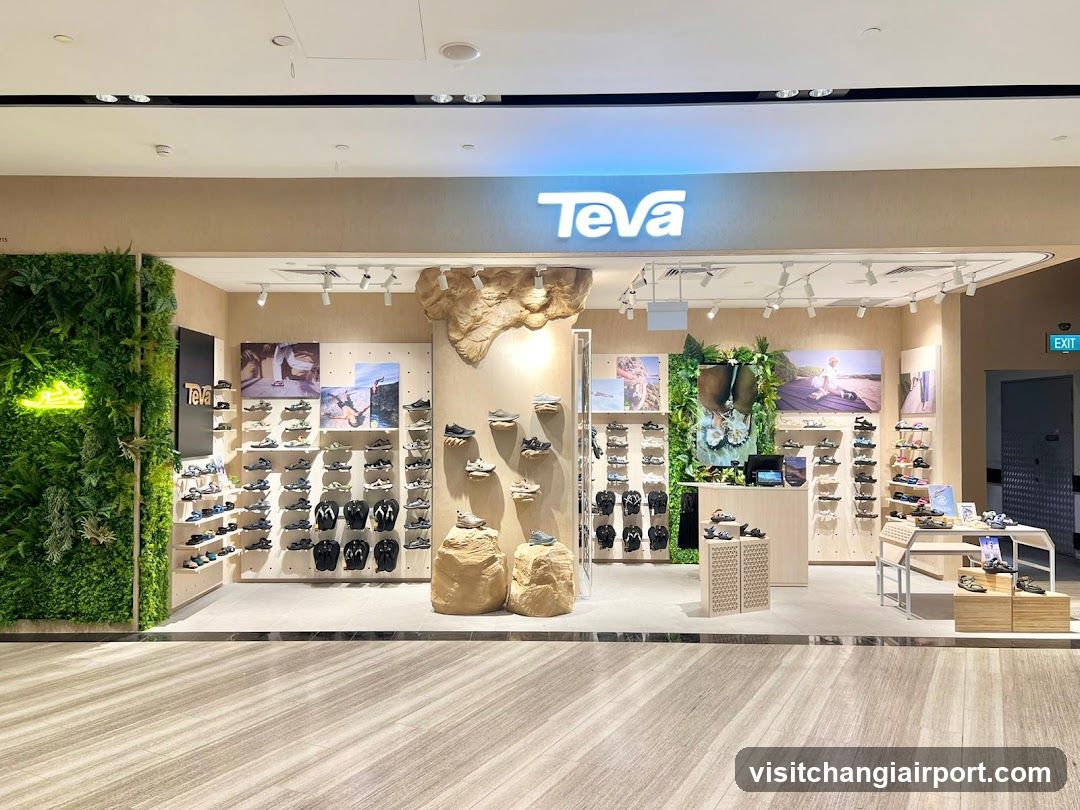 Interior view of a Teva shoe store with visible signage above the entrance. The shop features wooden flooring, green wall panels, and multiple shelves displaying footwear. A large rock sculpture is placed near the center. No menu or price list is visible.