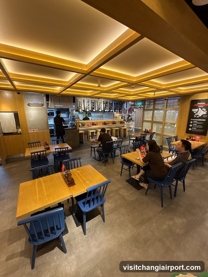 Restaurant Interior with Wooden Tables and Blue Chairs