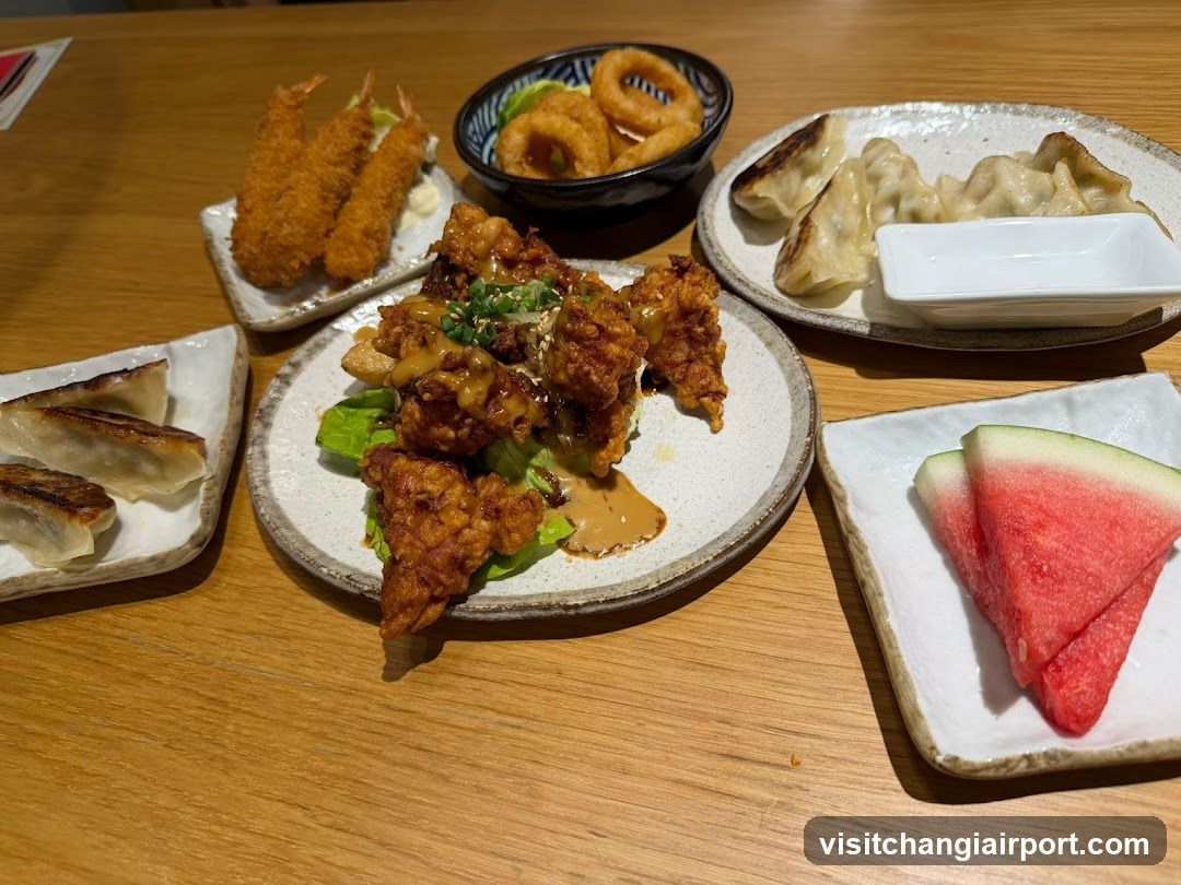 Japanese-style meal spread on wooden table