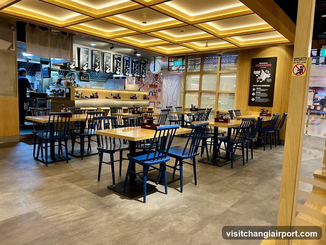 Restaurant Interior with Wooden Tables and Blue Chairs
