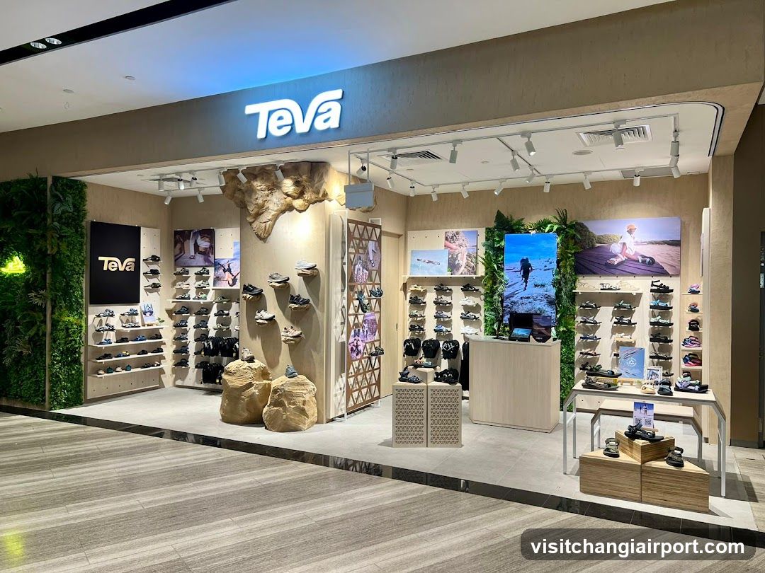 The image shows the exterior of a Teva shoe store, featuring illuminated signage above the entrance. The storefront displays various shoes on wall-mounted racks and shelves, with natural rock decorations enhancing the outdoor adventure theme. A green vertical garden adds to the aesthetic.