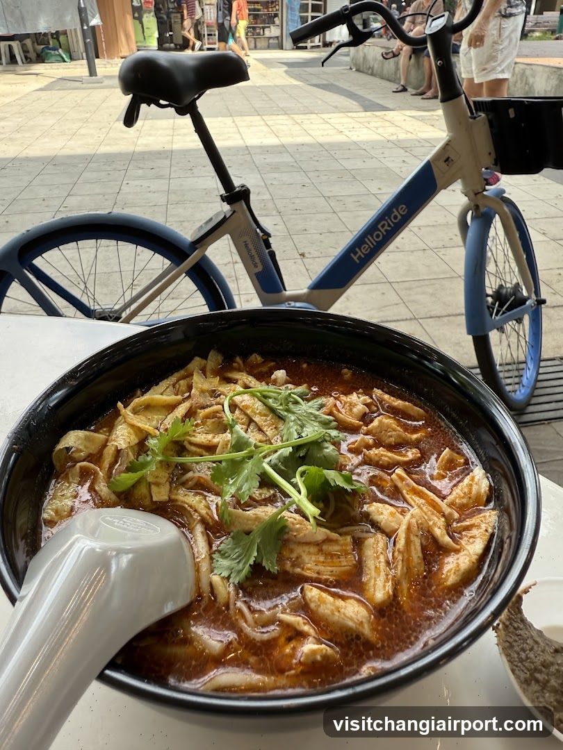 Bowl of spicy noodle soup with HelloRide bike in background