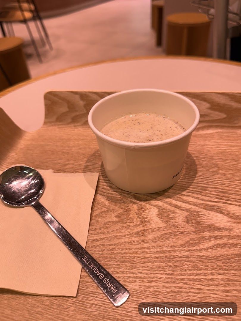 Cup of soup with spoon on napkin