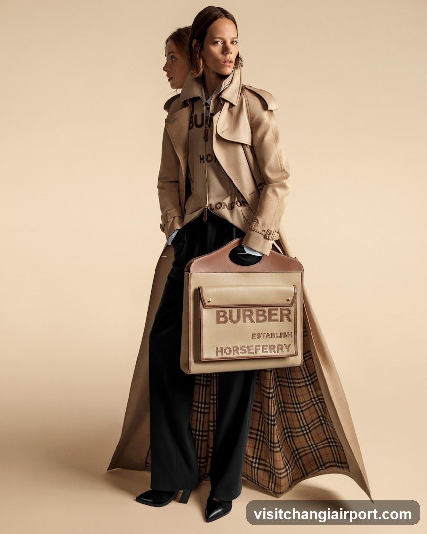 Models wearing Burberry trench coats and holding a Burberry bag